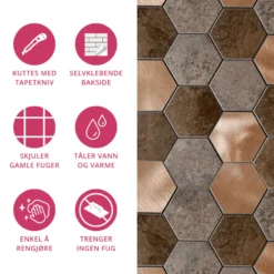 10-pk Bente hexagon selvklebende veggfliser