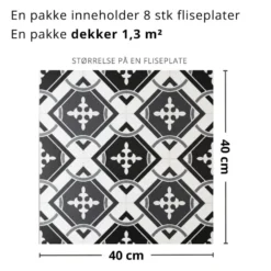 8-pk Isadora selvklebende fliser sort hvit mønster 40 x 40 cm